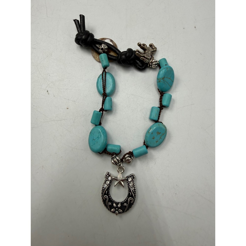 Western Turquoise Beaded Horseshoe Star Charm Bracelet Leather Toggle Closure